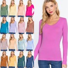 Women s Round Neck Long Sleeve T Shirt Basic Stretch Cotton Top Us Slim Fit