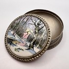 Big Vintage Vanity Face Puff Powder Box Compact Case Silver Plated Enamel Nature