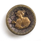 Antique Victorian Metal Brass Picture Button Japanese Geisha With Fan Rare