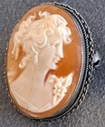 Vtg Antique 800 Fine Silver Figural Woman Cameo Pendant Pin Hand Carved Shell