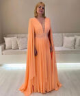 Mother Of The Bride Dress With Cape V Neck Beaded Appliques Chiffon Evening Gown