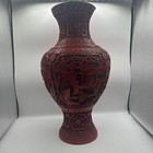 Vintage Chinese Vase  Tray  Urn Set Of 3 Red With Blue Enamel Carved Scene