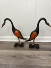 Pair Vintage Mid Century Metal Sculpture Black   Orange Long Neck Birds 15 5   