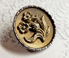 Antique Flower Picture Button   Stamped Brass Over Textured Background   1-1 8 