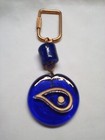 Keychain Dark Blue Glass Greek Evil Eye Brass Colored Key Ring Screw Locking Vtg