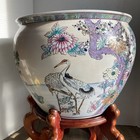 Chinese Oriental Asia Porcelain Koi Fish Bowl 10  Planter Jardiniere W Wood Base