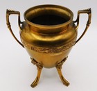Vintage French Ornate Brass Embossed Landscape Pattern Footed Vase With Handles