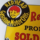 Vintage Red Head Gasoline Sign - Gasoline Pump Plate Motor Oil Porcelain Sign