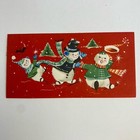 Vintage Mid Century Christmas Greeting Card Snowman Family Mom Dad Child In Snow
