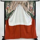 Woman Japanese Kimono Furisode Silk Flower Cart Bamboo Gold Foil Russet Brown