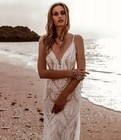 Boho Mermaid Wedding Dress V-neck Spaghetti Straps Lace Floor Length Bridal Gown