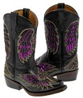 Kids Girls Leather Western Boots Black Leather Fuchsia Cross Wings Snip Size 9