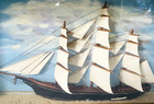 Vintage Hand Made Maritime Sailing Ship Diorama W  Glass Front  Wood Sails