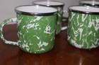 4  Green White Swirl Graniteware Enamelware Spatterware Coffee Cup Mugs