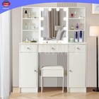 Modern Makeup Vanity Table Stool Set With Lighted Mirror 5 Drawers Dressing Desk
