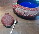 Chinese Carved Snuff Bottle   Ashtray Blue Enamel Lining Brass Detail