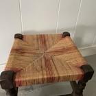 Vintage English Oak Woven Stool   1940s Multicolor Weave  English