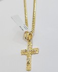 10k Yellow Gold Cross Charm Pendant 18-26  Miami Cuban Link Chain Necklace Set