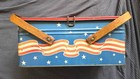 Rare  Vintage Golden Cookies Patriotic Red White   Blue Flag Picnic Basket Tin