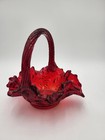 Dan Fenton Signed Ruby Red Glass Wildflower Lace Basket Cadmium Glow Vintage