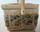 Vintage Mcm Floral Tapestry Wicker Sewing Basket Box Handle Pincushion Ivory
