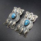 Vintage Navajo Stamped And Repouss   Sterling Silver Turquoise Earrings Pierced
