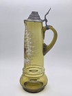Antique 14  Olive Green Blown Glass Enamel Painted Pitcher Pewter Lid Deer Tree