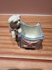 Vintage Ceramic Dog Figurine Planter match Holder With Pink   Blue Tassel Box