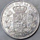 1873 Belgium Silver 5 Francs Coin King Leopold Ii  900 Silver  794 Oz Of Silver