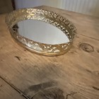 Vintage Gold Mirrored Vanity Tray Oval Filigree Dresser Regency Ornate 14x9