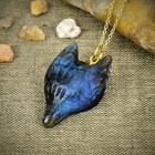 Blue Flashy Labradorite Gold Wolf Head Gemstone Sterling Silver Pendant Necklace