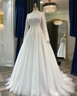 Muslim Wedding Dresses High Neck Floral Arabic Long Sleeve Sequin Bridal Gowns