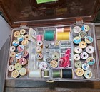 Vintage Retro Plastic Amber Sewing Box And 3 Trays Filled With Sewing Supplies 