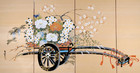 Japanese Silk Byobu  white Flowers Cart  Hand Embellished 4-panel Folding Screen