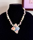 Vintage Rose Quartz Shell Necklace Lee Sands Mother Of Pearl Inlay Gorgeous