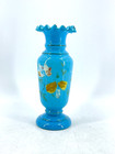 Antique Victorian Blue Bristol Glass Vase Hand Painted Flowers Hand Blown Ruffle