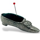 Antique Pin Cushion Slipper Shoe Pewter Bow Green Velvet Estate Collection 38g
