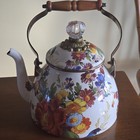 Mackenzie Childs Flower Market Floral Tea Kettle Enamel Teapot Wood Handle
