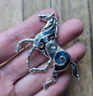 Magnetic Blue   Silver  Abstract Horse Brooch   Equestrian Gift  Hat Pin