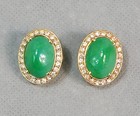 Vintage Signed Ciner Goldtone Green Glass Cabachon   Rhinestone Earrings