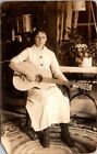 Vintage Rppc Postcard Woman In Home Playing A Guitar C 1918-1930           12370