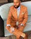 Men Orange Plaid 3 Piece Suit Peak Lapel Vintage Wedding Business Formal Outfit