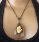 Victorian Revival Necklace Huge Black Cameo Antique Crystal Lamp Prism Pendant