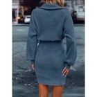 Womens Blue Knit Sweater Dress Ribbed Zipper Collar Long Sleeve Mini