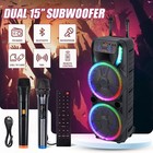 Dual 15  Portable Bluetooth Speaker Subwoofer Heavy Bass Karaoke W 2 Mics Dj Led
