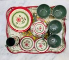 Vintage Ohio Art Tin Toy Tea Set Floral Red Green 1940s Usa W Tray 17 Pieces