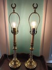 Vintage Pair Heavy Brass Cut Crystal  Candlestick Lamps 21  Finials 
