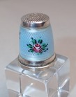 Antique Sterling Silver Blue Enamel Roses Thimble Large Size