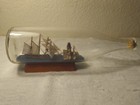 Vintage Schooner Model Lighthouse   Ship In Glass Bottle 11 Inch With Wood Stand