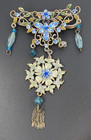 Gorgeous Large Blue Flower Brooch Pin Rhinestones Enamel Dangling Pendant